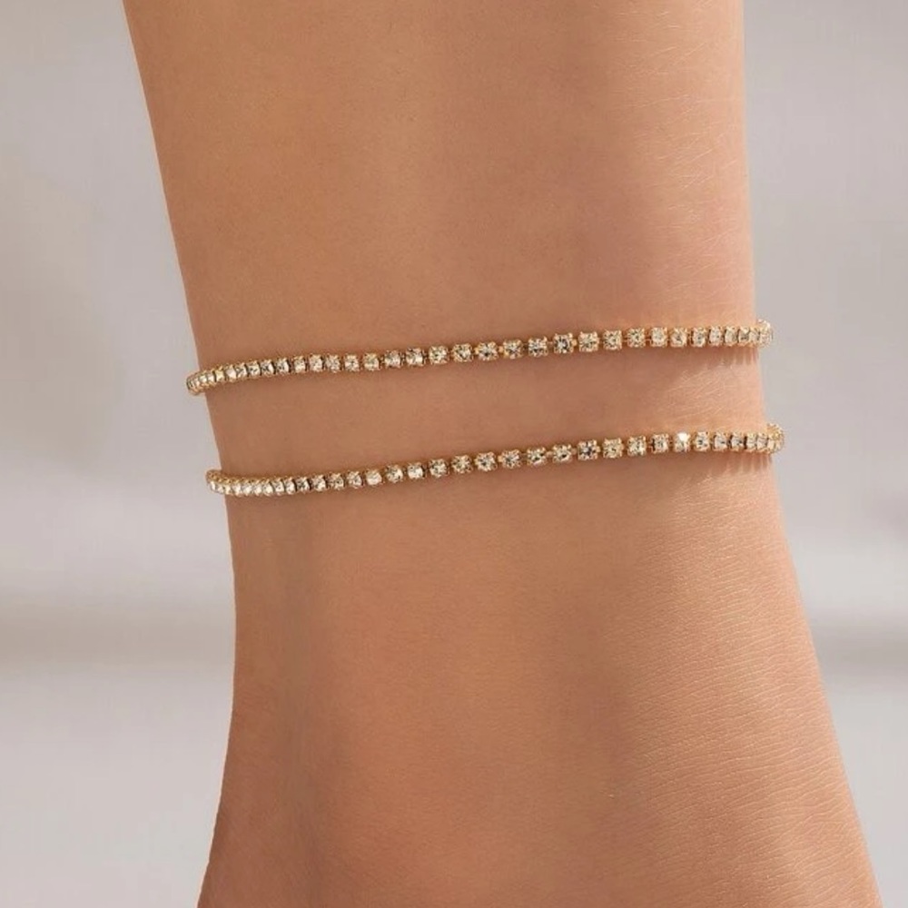 2 pcs Rhinestone Anklet Golden Chain - Picture 1 of 7